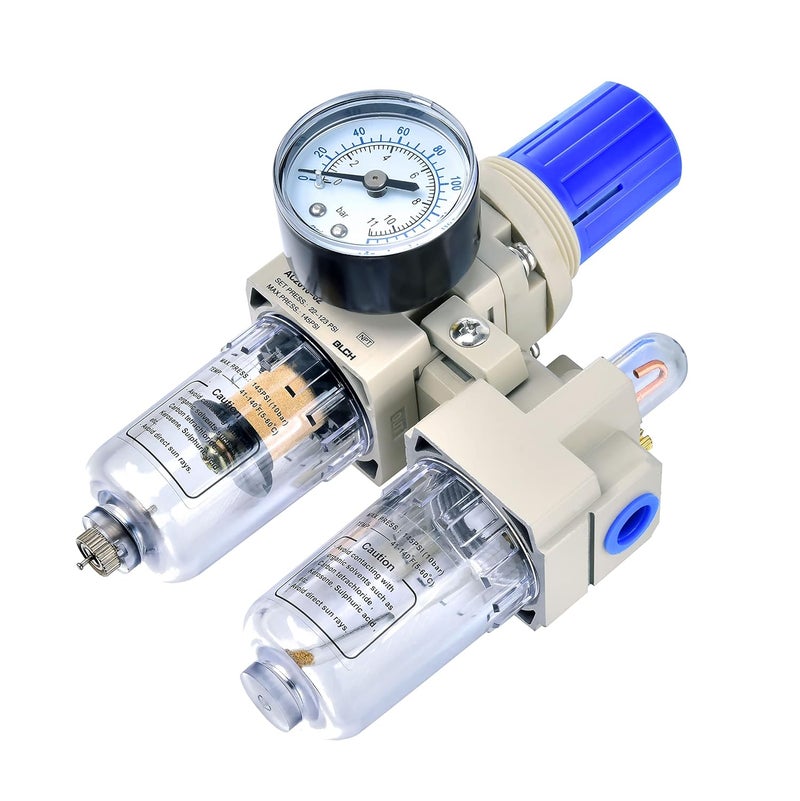 BLCH 1/4" NPT Air Compressor Water Separator - Air Pressure Regulator Compressed Air Filter Regulator Lubricator Combo AC2010-02 Manual Drain Poly Bowl Gauge 0-160 PSI 5μm Brass - Image 2
